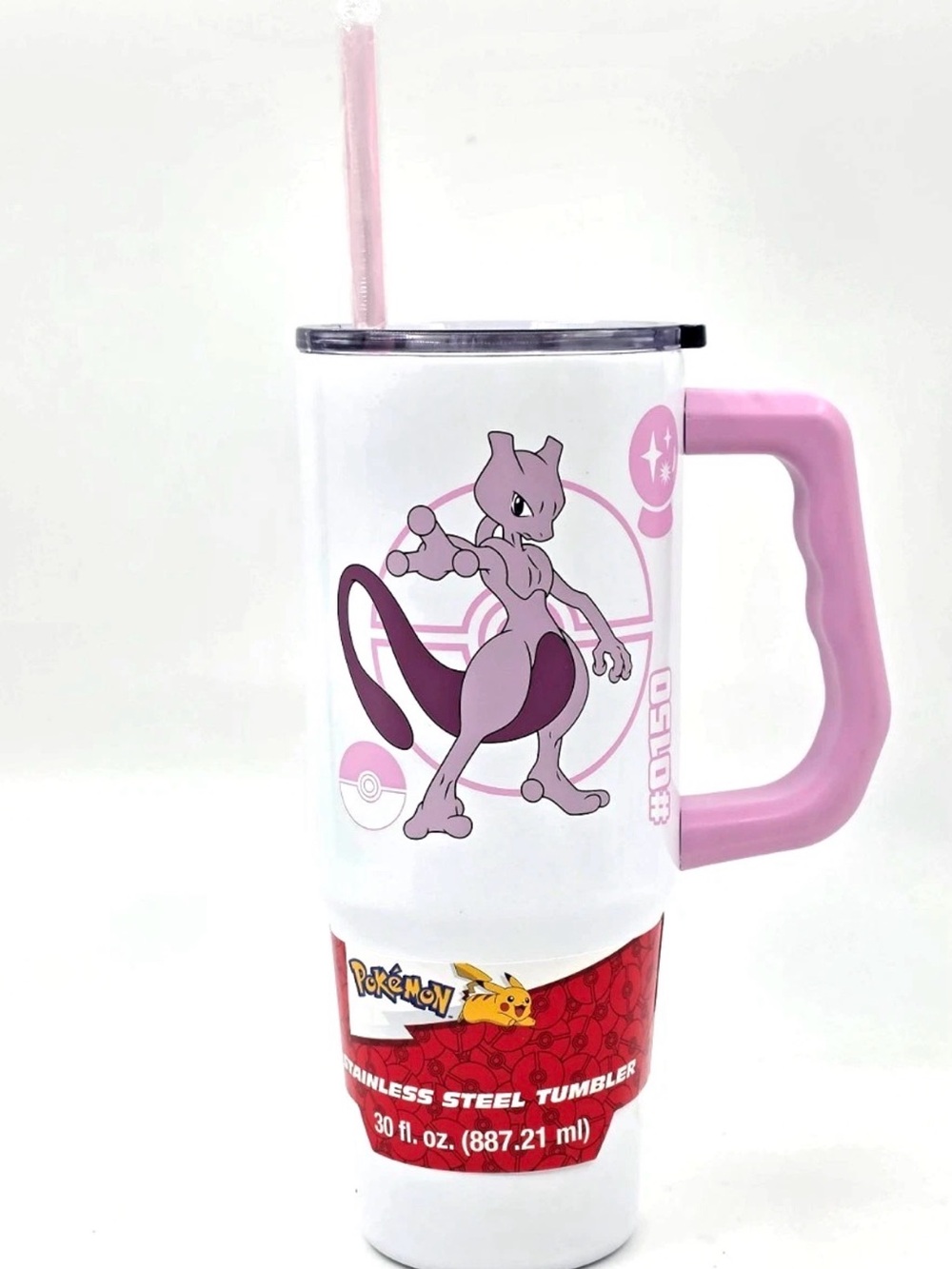 Pokemon Mewtwo White Tumbler with Pink Handle and Straw NEW